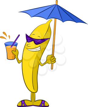 Summer Holiday Symbol, Cartoon Banana Character with Beach Parasol, Sunglasses and Cocktail, Isolated on White Background. Vector