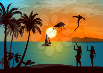 Summer Landscape, Silhouettes People, Young Women And Girl With Sky Kite On The Tropical Beach With Palm Trees, Sun In The Sky And Ship At Sea. Vector