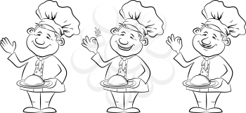 Set Cartoon Characters, Cooks Chefs with a Dish Food on a Tray and a Sprig of Spices. Black Contours Isolated on White Background. Vector