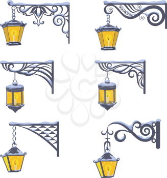 Set Vintage Street Luminescent Lanterns Covered with Snow, Hanging on a Decorative Brackets Isolated on White Background. Vector