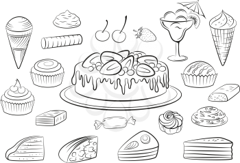 Set of Sweet Food Pictograms, Cake, Pastries, Ice Cream, Berries and Sweets. Black Contours Isolated on White Background. Vector