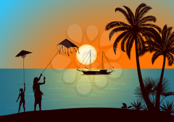 People, Young Women Launching Into the Sky Kite Flying on the Shore of a Tropical Beach with Palm Trees, Seagulls and the Sun in the Evening Sky, Silhouettes. Eps10, Contains Transparencies. Vector
