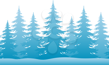 Seamless Horizontal Christmas Holiday Background, Winter Landscape, Blue Fir Trees Silhouettes Isolated on White and Snowdrift. Vector