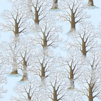 Seamless Natural Pattern, Landscape, Winter Forest, Trees with Brown Trunks and Branch and White Snow, Tile Background. Vector