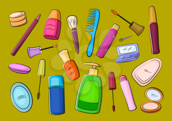 Set of Cosmetic Accessories, Soap, Comb, Brushes, Mascara, Eyeshadow and Others. Vector