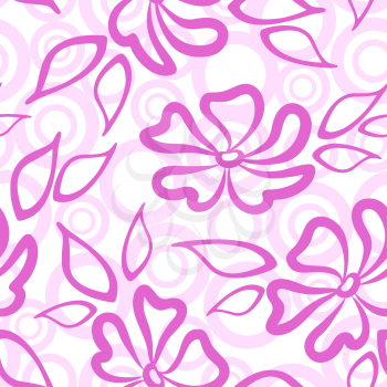 Seamless Pattern with Pink Symbolical Flowers and Leaves and Rings on Tile White Background. Vector
