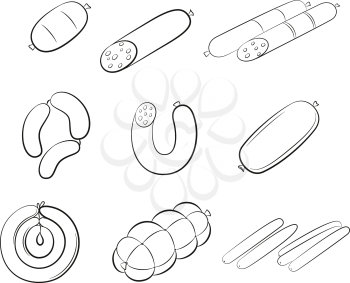 Set of Food Pictograms, Sausages, Meat and Chicken Rolls. Black Contours Isolated on White Background. Vector