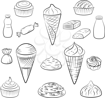 Set of Sweet Food Pictograms, Ice Cream in Waffle Cups, Cake, Pastries, Juice and Milk. Black Contours Isolated on White Background. Vector