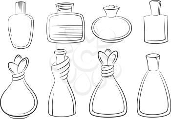 Set of Perfume, Cologne and Eau de Toilette Bottles Black Contours Isolated on White Background. Vector