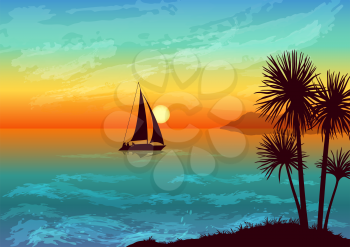 Summer Exotic Landscape, Tropical Beach with Palm Trees Silhouettes, Sun in the Sky and Ship in the Ocean. Vector