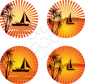 Icons, Logo or Labels, Tropical Landscape with Ships and Exotic Palms Trees Silhouettes on Circle Background with Orange and Yellow Sun Beams. Vector