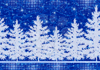 Seamless Horizontal Winter Landscape with Christmas Holiday Coniferous Trees and Stars on Abstract Tile Background. Vector