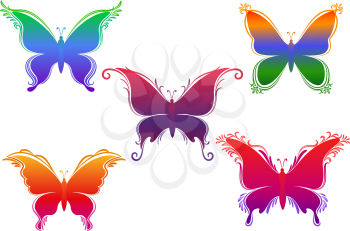 Set Symbolical Butterflies, Colorful Silhouettes Isolated on White Background. Vector