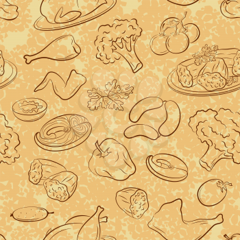 Seamless Background, Food, Vegetables and Meat Contours, Wallpaper with Tile Pattern. Vector