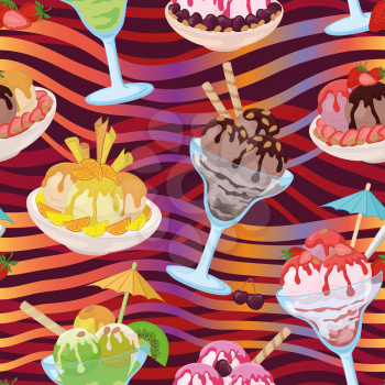 Seamless Pattern, Cups and Glasses, Ice Cream with Berries, Waffles, Nuts and Sweet Syrup on Background with White Outline Pictograms. Vector