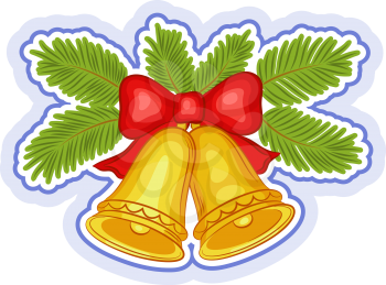 Christmas Holiday Decoration, Golden Bells with Red Bow and Green Fir Branches Isolated on White Background. Vector