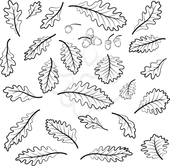 Set Oak Leaves and Acorns, Black Contour Pictograms Isolated on White Background. Vector