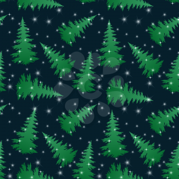 Seamless Pattern, Christmas Holiday Trees Green Silhouettes on Black Tile Background with Stars. Vector