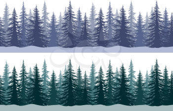 Seamless Horizontal Winter Landscapes with Christmas Coniferous Trees and Snowflakes, Tile Holiday Background. Vector