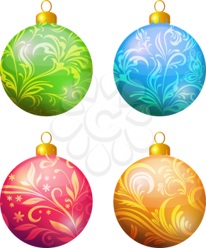 Christmas Holiday Decoration, Set Colorful Balls with Floral Pattern. Vector