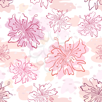 Seamless Pattern, Symbolical Flowers Contours on Abstract Tile Background. Vector