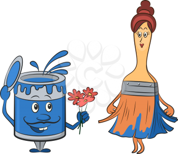 Cartoon Characters, a Can of Paint, a Man with a Mustache, Gives Flowers to a Paint Brush - a Woman. Vector