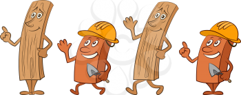 Cartoon Characters, Boards with Eyes and Hands and Workers with Construction Helmets and Trowels, Isolated on White Background. Vector