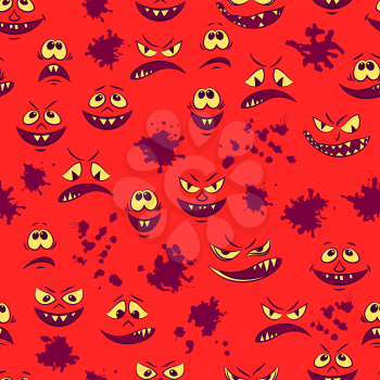 Seamless Pattern, Cartoon Characters, Funny Smiles, Monsters Faces with Various Human Emotions, Tile Red Background with Blots. Vector