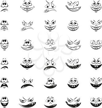 Set of Funny Smilies, Monsters Faces with Various Human Emotions, Cartoon Characters, Black Contours Isolated on White Background. Vector