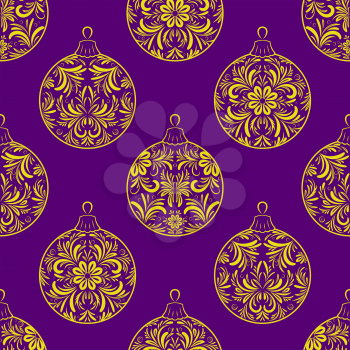 Background for Christmas Design, Holiday Decoration, Golden Balls with Floral Pattern. Vector