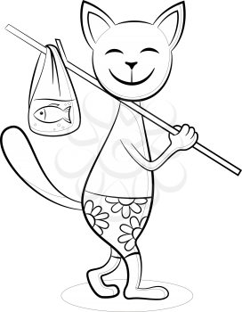 Funny Cartoon Cat with Fish, Black Contours Isolated on White Background. Vector