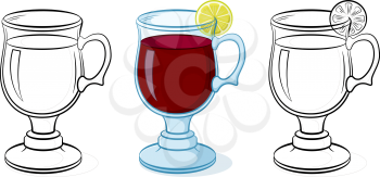 Glasses Goblets with a Drink and Lemon, Color and Black Contour Pictograms on White Background. Vector