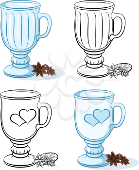 Glasses Goblets with a Pattern of Valentine Holiday Hearts and Decorated with Brown Flowers and Citrus Fruits, Blue and Black Contour Pictograms on White Background. Vector