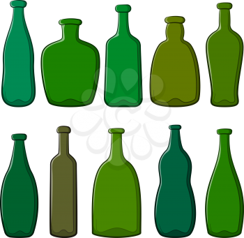 Set of Green Vintage Bottles Isolated on White Background. Vector