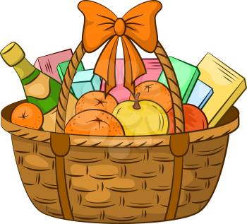 A Wattled Basket with Holiday Gifts, Fruits, Boxes and a Bottle of Champagne Wine. Vector