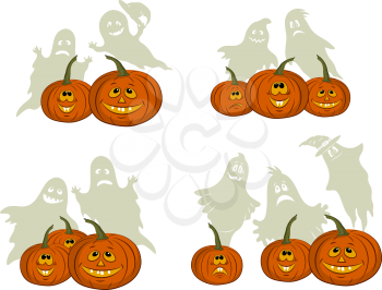 Holiday Halloween Symbols, Cartoons Pumpkins Jack O Lantern and Ghosts Silhouettes Isolated on White Background. Vector