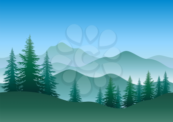 Seamless Horizontal Green and Blue Landscape, Mountains and Forest, Coniferous Trees Silhouettes. Vector