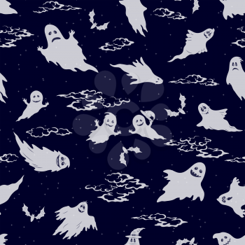 Seamless Patterns, Symbols Halloween Holiday, Cartoon Ghosts, Bats White Silhouettes on Night Sky with Stars and Clouds. Tile White Background. Vector