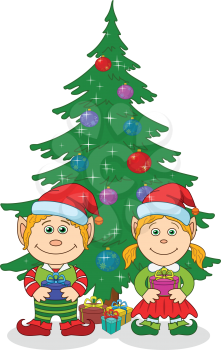 Cartoon Christmas elves, boy and girl in Santa Clauses hats near holiday fir tree with gift boxes. Vector