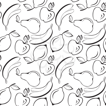 Seamless background, patterns from symbolical fruits, black contour on white. Vector
