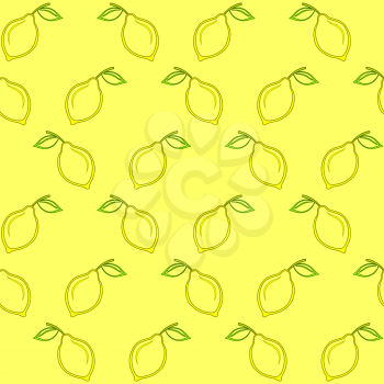Seamless background, pattern from symbolical yellow lemons with green leafs. Vector
