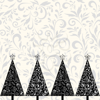 Seamless horizontal background for holiday design, Christmas fir trees with stars, outline floral pattern, cartoon character and objects white, black and grey silhouettes. Vector
