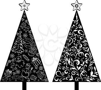 Christmas holiday trees, black silhouette on white background, with outline floral pattern and cartoons. Vector