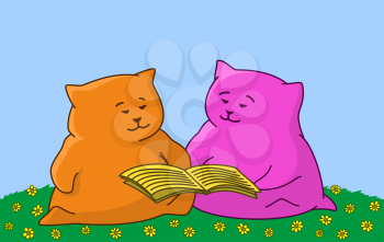Cartoon toy animals sitting on a green meadow and reading book. Vector