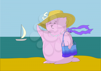 Cartoon, woman - a fantastic toy animal on the sea beach. Vector