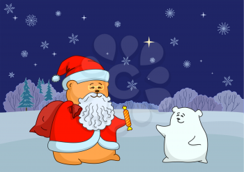 Toy Santa Claus and polar bear against night winter forest