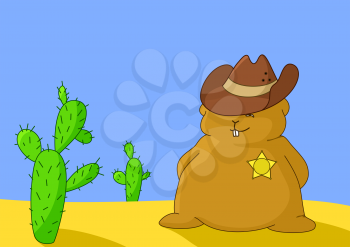 The marmot sheriff in a hat stands in desert near a cactus similar to the person