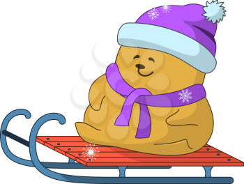 Cartoon, little teddy bear goes for a drive on sledge