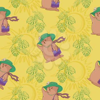 Seamless background, cartoon toy woman - animal and pattern with leaves and suns. Vector