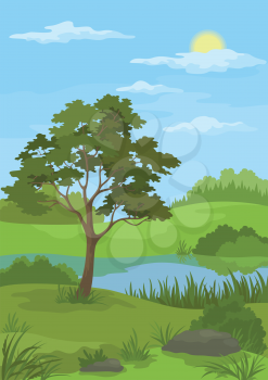Summer landscape with pine tree, lake, sun and blue sky. Vector
